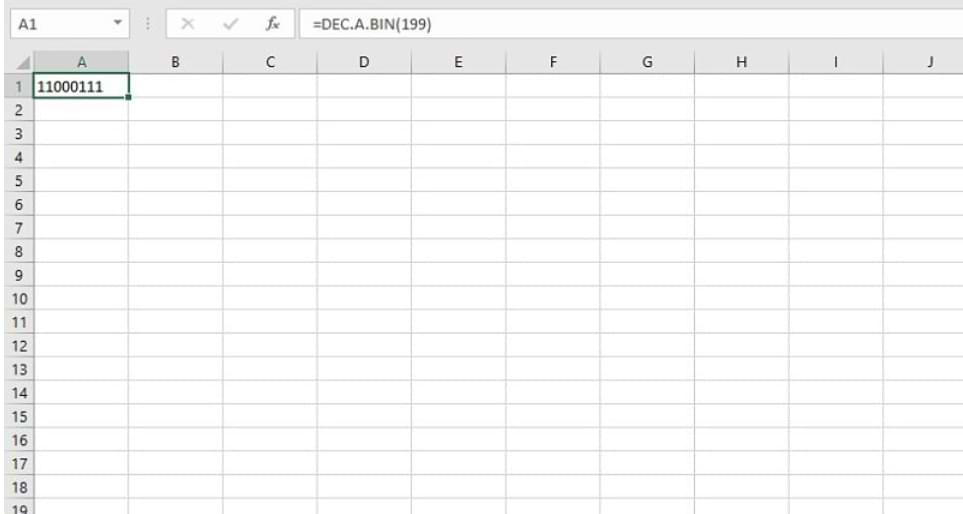 How to convert a decimal number to binary with the DEC.A.BIN function in Excel