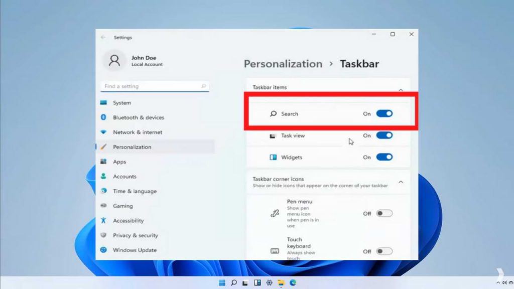 Hide the Search Button on the Windows 11 Taskbar